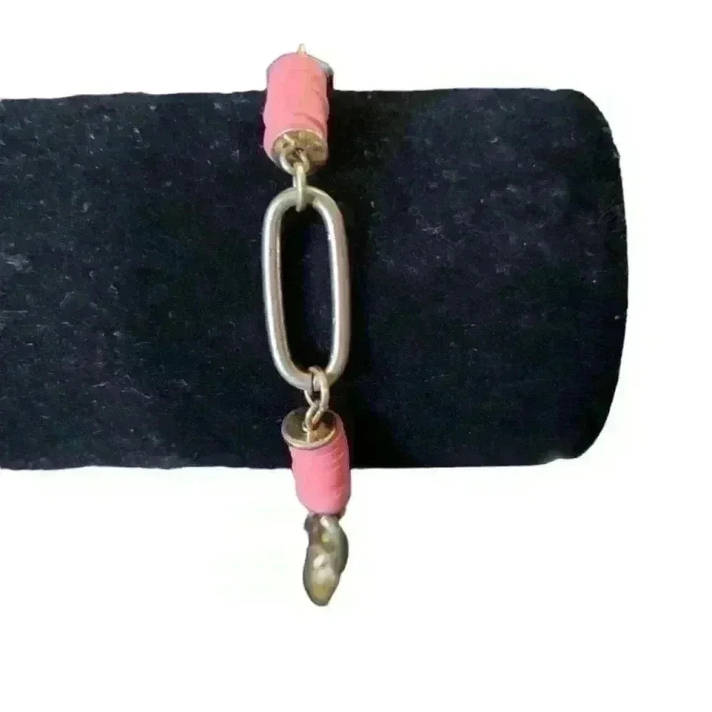Plunder bracelet, 9 in length, gold tone, lobster clasp, links, pink spools